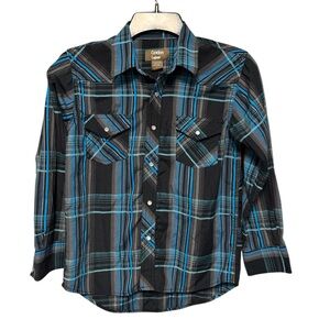 Cowboy Legend Black and Blue Plaid Pearl Snap Boys Shirt Size: Large